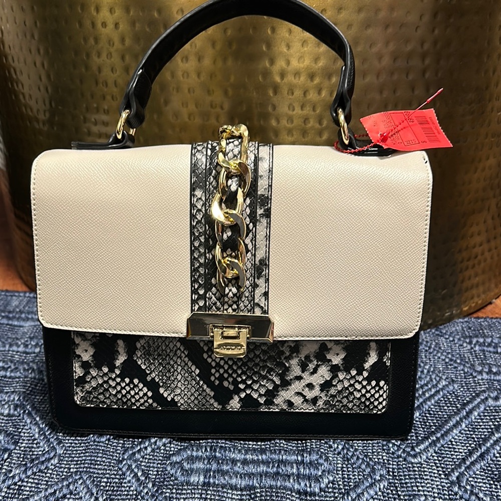 Aldo Cream and Black Satchel with Snakeskin Accent